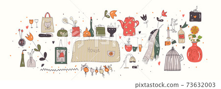 Hygge illlustration for home with pottery and house accessories. Hygge illlustration for home with pottery and house accessories. 73632003