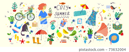 Cozy hygge summer illustration - vector set of cute objects 73632004