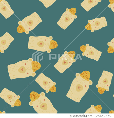 Seamless random pattern with beige head bears print in hats. Hand drawn style. Turquoise pale background. Seamless random pattern with beige head bears print in hats. Hand drawn style. Turquoise pale background. 73632469