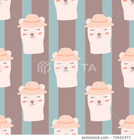 Childish bear with hat seamless pattern in doodle cartoon style. Striped background with blue lines. Childish bear with hat seamless pattern in doodle cartoon style. Striped background with blue lines. 73632471