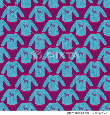 Bight blue pullover seamless doodle pattern in winter cozy style on purple background. Bight blue pullover seamless doodle pattern in winter cozy style on purple background. 73632473