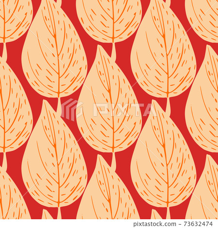 Light orange outline leaves seamless doodle pattern. Bright red background. Hand drawn print. 73632474