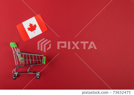 Mini empty supermarket shopping grocery cart, Canada flag on red background 73632475