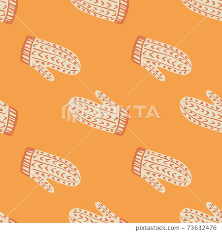 White mittens with red ornament seamless doodle pattern. Orange bright background. Season winter print. White mittens with red ornament seamless doodle pattern. Orange bright background. Season winter print. 73632476