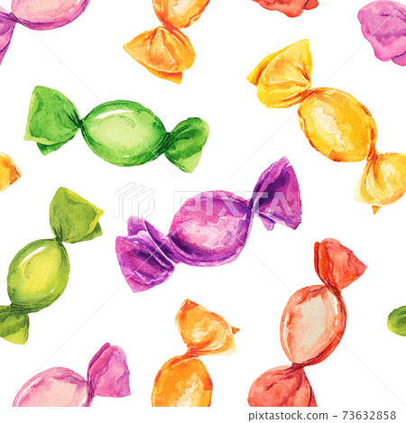 Watercolor seamless pattern with candies in wrapper isolated on white background. 73632858