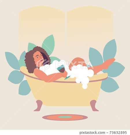 Women relaxing in bathtub with glass of wine Flat vector illustration Women relaxing in bathtub with glass of wine Flat vector illustration 73632895