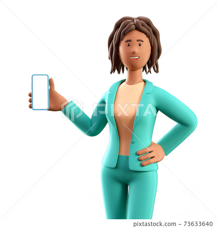 3D illustration of standing african american woman holding smartphone and showing blank screen.  73633640