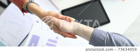 A woman shakes hands with a man over a table 73634059