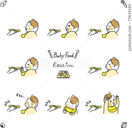 White background illustration of baby's facial expression eating baby food 73634284