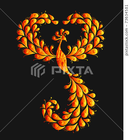 Firebird with a Majestic Tail. Phoenix Bird. Mythical character. Ornamental Silhouette for your design 73634581