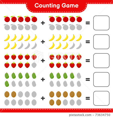 Counting game, count the number of Fruits and write the result. Educational children game, printable worksheet, vector illustration 73634750
