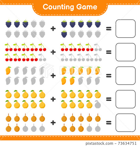 Counting game, count the number of Fruits and write the result. Educational children game, printable worksheet, vector illustration 73634751