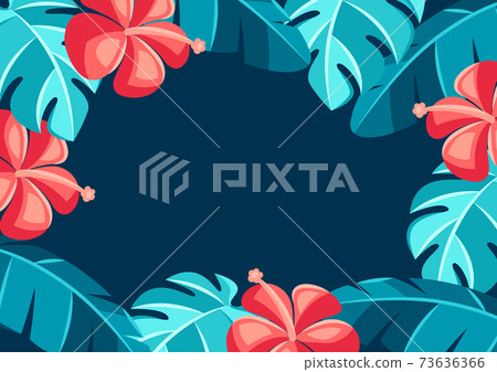 Background with hibiscus flowers and palm leaves. Background with hibiscus flowers and palm leaves. 73636366