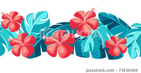 Seamless pattern with hibiscus flowers and palm leaves. Seamless pattern with hibiscus flowers and palm leaves. 73636369