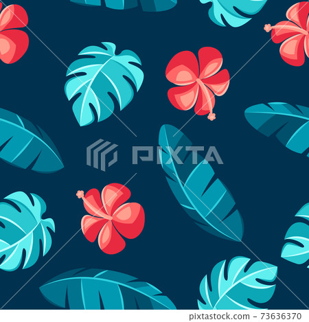 Seamless pattern with hibiscus flowers and palm leaves. Seamless pattern with hibiscus flowers and palm leaves. 73636370