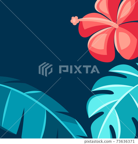 Background with hibiscus flowers and palm leaves. Background with hibiscus flowers and palm leaves. 73636371