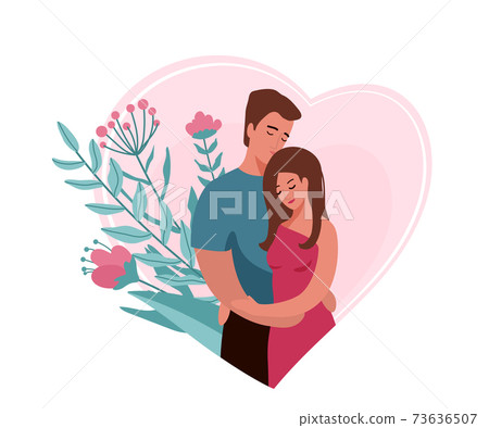 Man hugging and kissing woman in heart shape background with floral elements. Happy family couple vector illustration. Husband and wife concept. Isolated on white background Man hugging and kissing woman in heart shape background with floral elements. Happy family couple vector illustration. Husband and wife concept. Isolated on white background 73636507