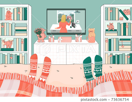 Two people are on the bed under a blanket. Room is decorated for Valentine's Day. Hippo, cat, tardigrade, bear toys are arranged in bookcases. Couple is watching movies on the internet Two people are on the bed under a blanket. Room is decorated for Valentine's Day. Hippo, cat, tardigrade, bear toys are arranged in bookcases. Couple is watching movies on the internet 73636754