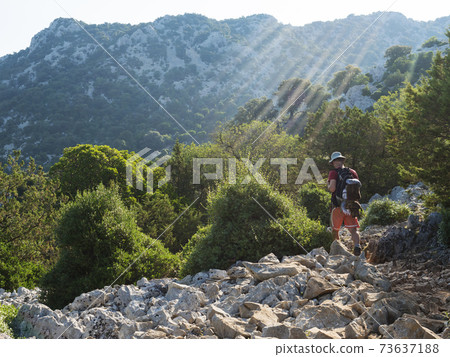 Man hiker at rocky hiking path to Cala Goloritze beach with limestone rocks, trees and green bush. Famous travel destination. Gulf of Orosei, Sardinia, Italy, September Man hiker at rocky hiking path to Cala Goloritze beach with limestone rocks, trees and green bush. Famous travel destination. Gulf of Orosei, Sardinia, Italy, September 73637188