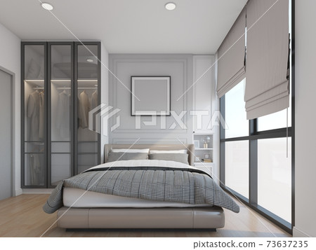 bed in room with picture frame and wardrobe, 3d rendering 73637235