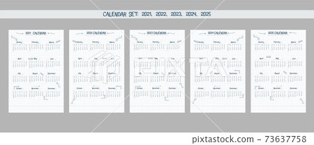 Calendar set 2021 2022 2023 2024 2025. hand drawn font type text and elements, school note style, checkered notebook sheet with lineart arrows and frames. 73637758