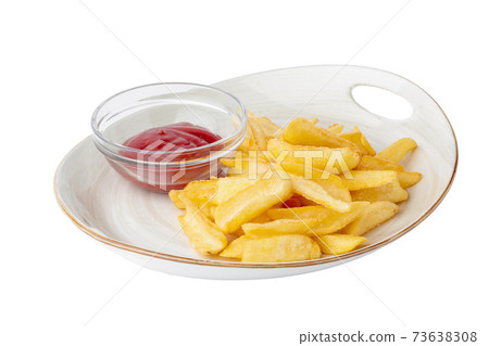 French fries with ketchup sauce on white plate French fries with ketchup sauce on white plate 73638308