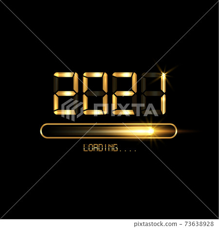 Gold Progress bar on black Download 2021 New Year's Eve. Loading animation screen almost reaching 2021, golden digital clock style. Creative festive banner with shiny progress bar, isolated on black Gold Progress bar on black Download 2021 New Year's Eve. Loading animation screen almost reaching 2021, golden digital clock style. Creative festive banner with shiny progress bar, isolated on black 73638928