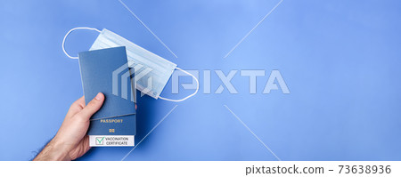 Vaccination passport with green check mark, risk-free travel certificate concept, banner with copy space Vaccination passport with green check mark, risk-free travel certificate concept, banner with copy space 73638936