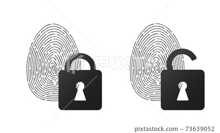 Fingerprints with closed and open lock. User identification contour lines individuality and biometric security with unlocked access. Fingerprints with closed and open lock. User identification contour lines individuality and biometric security with unlocked access. 73639052
