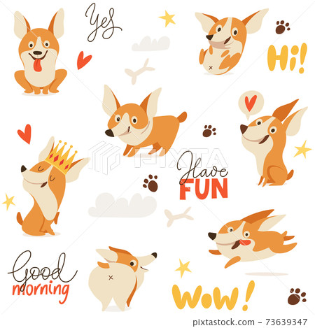 Seamless background with cute welsh corgi dog images for textile or any prints Seamless background with cute welsh corgi dog images for textile or any prints 73639347