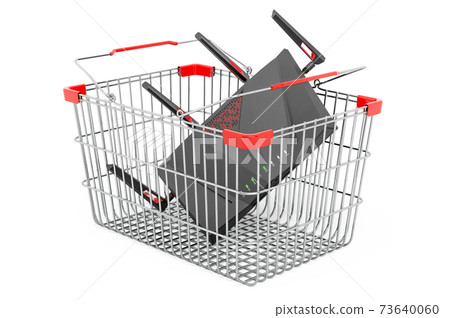 6G wi-fi router inside shopping basket, 3D rendering 6G wi-fi router inside shopping basket, 3D rendering 73640060