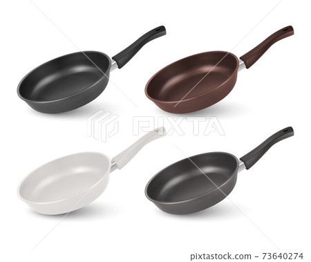 Vector 3d Realistic Black, Brown, White and Gray Empty Frying Pan Icon Set Isolated on White Background. Design Template, Mockup Vector 3d Realistic Black, Brown, White and Gray Empty Frying Pan Icon Set Isolated on White Background. Design Template, Mockup 73640274