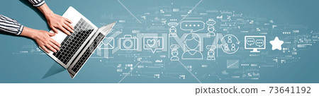 Social media theme with person using laptop 73641192