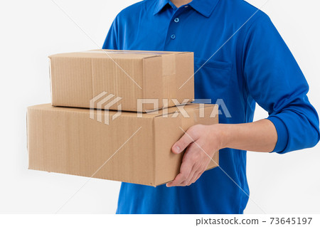 Up the hand of a man with a white background courier with luggage 73645197