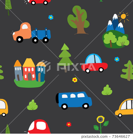 Cute Cars Seamless Pattern, Cartoon transportation Doodles Background, vector Illustration 73646627