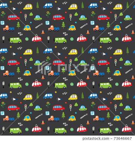Cute Cars Seamless Pattern, Cartoon transportation Doodles Background, vector Illustration 73646667