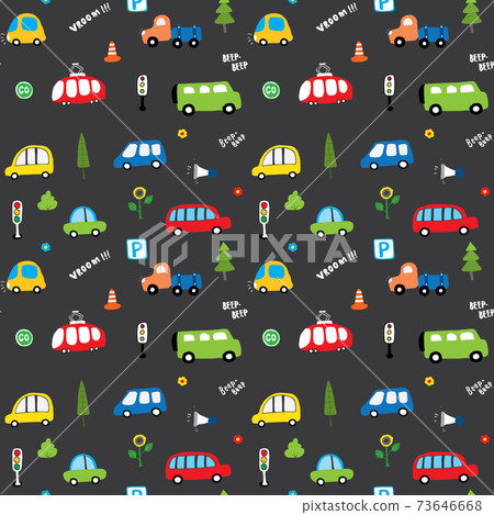 Cute Cars Seamless Pattern, Cartoon transportation Doodles Background, vector Illustration 73646668