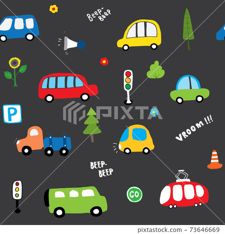 Cute Cars Seamless Pattern, Cartoon transportation Doodles Background, vector Illustration 73646669