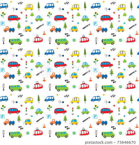 Cute Cars Seamless Pattern, Cartoon transportation Doodles Background, vector Illustration 73646670