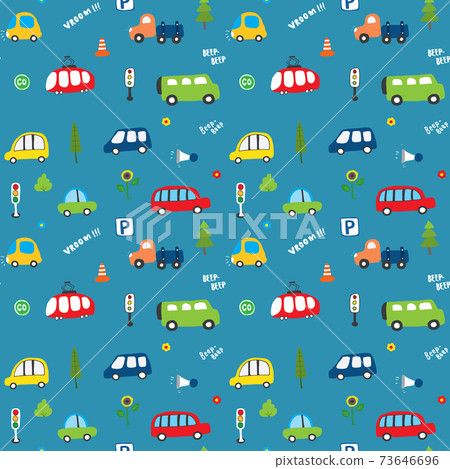 Cute Cars Seamless Pattern, Cartoon transportation Doodles Background, vector Illustration Cute Cars Seamless Pattern, Cartoon transportation Doodles Background, vector Illustration 73646696