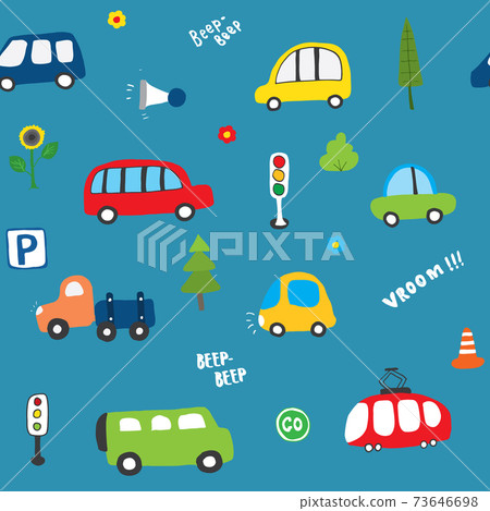 Cute Cars Seamless Pattern, Cartoon transportation Doodles Background, vector Illustration 73646698