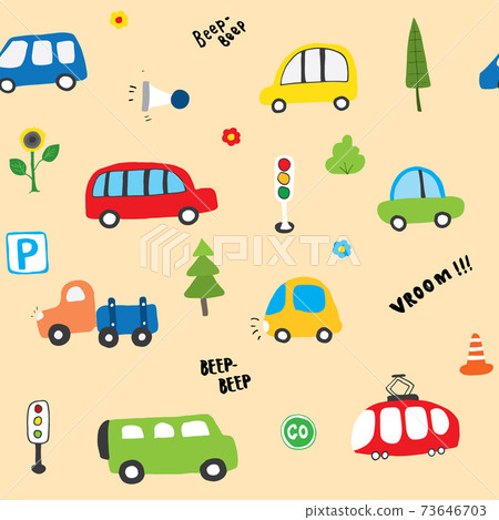 Cute Cars Seamless Pattern, Cartoon transportation Doodles Background, vector Illustration Cute Cars Seamless Pattern, Cartoon transportation Doodles Background, vector Illustration 73646703