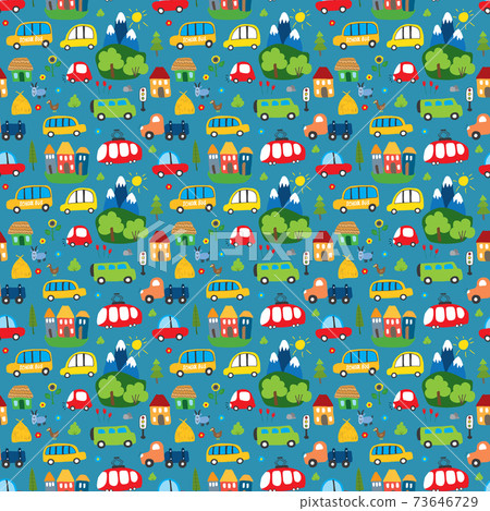 Cute Cars Seamless Pattern, Cartoon transportation Doodles Background, vector Illustration 73646729