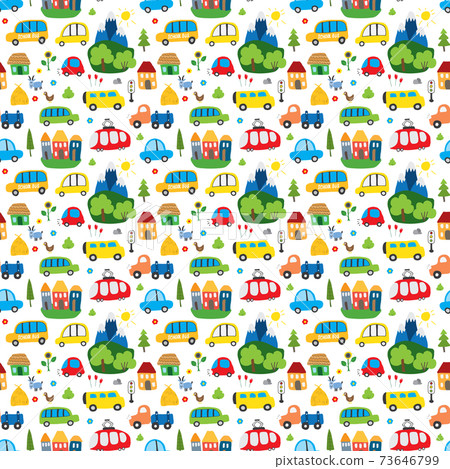 Cute Cars Seamless Pattern, Cartoon transportation Doodles Background, vector Illustration 73646799