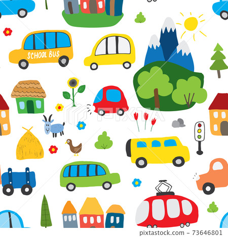 Cute Cars Seamless Pattern, Cartoon transportation Doodles Background, vector Illustration Cute Cars Seamless Pattern, Cartoon transportation Doodles Background, vector Illustration 73646801