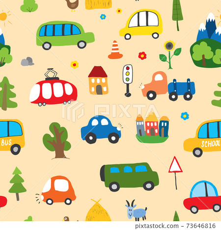 Cute Cars Seamless Pattern, Cartoon transportation Doodles Background, vector Illustration 73646816