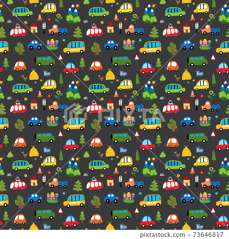 Cute Cars Seamless Pattern, Cartoon transportation Doodles Background, vector Illustration 73646817