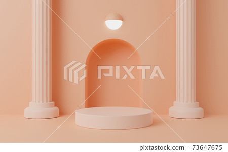 3d rendering empty cylinder podium with light orange pillars. Abstract geometric product mock up design. 73647675