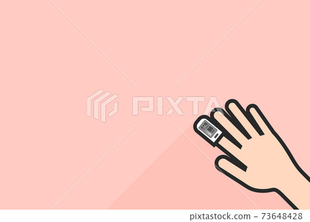 Illustration of a woman's hand wearing a blood oxygen meter / pulse oximeter-with a long shadow on a pink background 73648428