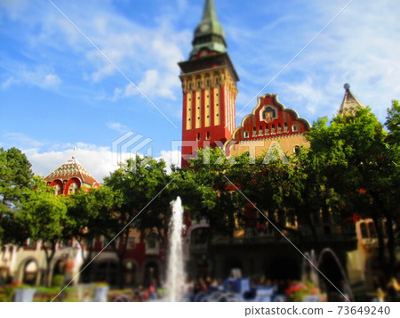 Serbian Subotica City Hall and Blue Fountain Diorama Style Serbian Subotica City Hall and Blue Fountain Diorama Style 73649240
